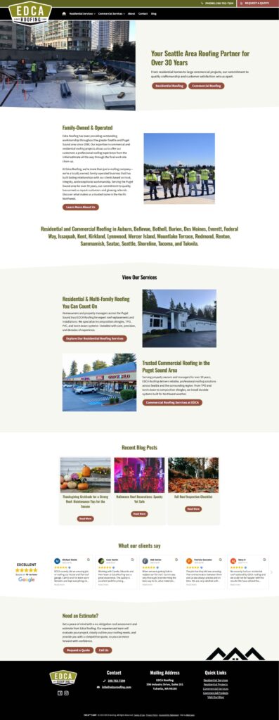 Screenshot of EDCA Roofing website homepage from our Web Design Portfolio, featuring company information, services offered, recent blog posts, customer testimonials, contact details, and navigation menus.