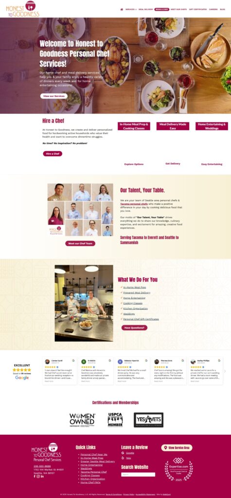 Screenshot of Honest to Goodness Personal Chef Services website homepage, showcased in a Web Design Portfolio, featuring service details, chef introductions, awards, client testimonials, and navigation menus.