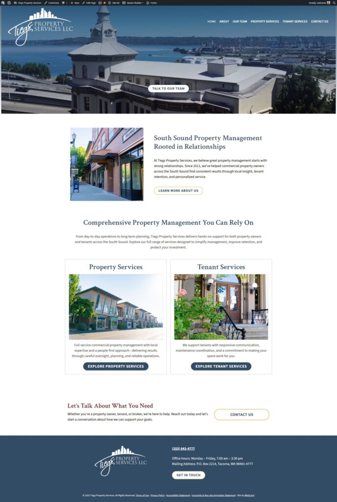Screenshot from Targa Property Management's homepage, showcasing property management services, images of buildings, service details, contact information, and featured in the Web Design Portfolio.