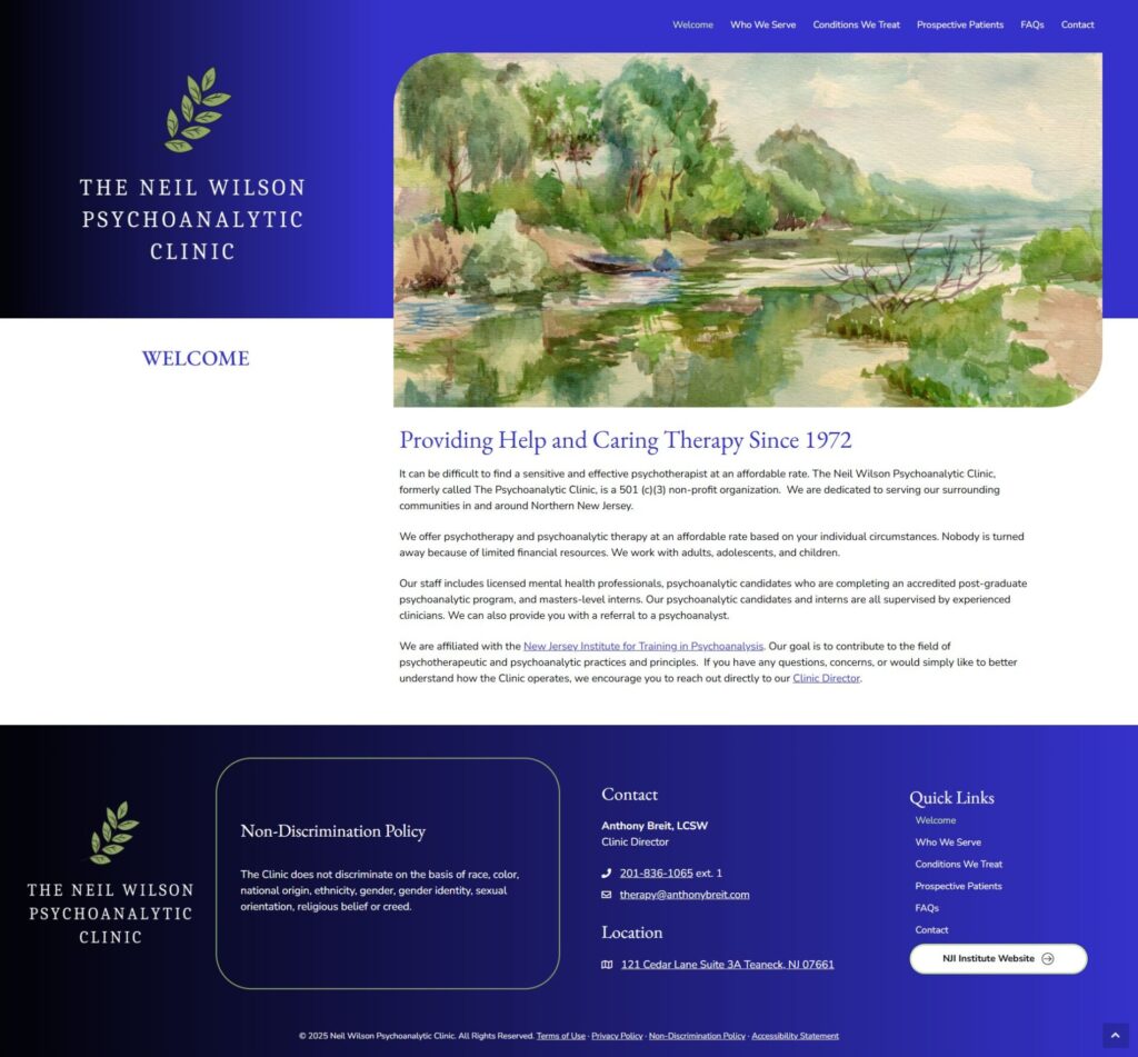 Screenshot of the Neil Wilson Psychoanalytic Clinic website from a Web Design Portfolio, featuring a watercolor landscape banner, clinic information, contact details, and navigation menu on a blue and purple gradient background.
