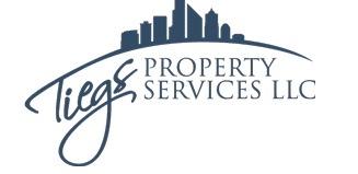 Logo for Tiegs Property Services LLC featuring a city skyline above the company name in blue stylized font on a white background, inspired by west seattle web design aesthetics.