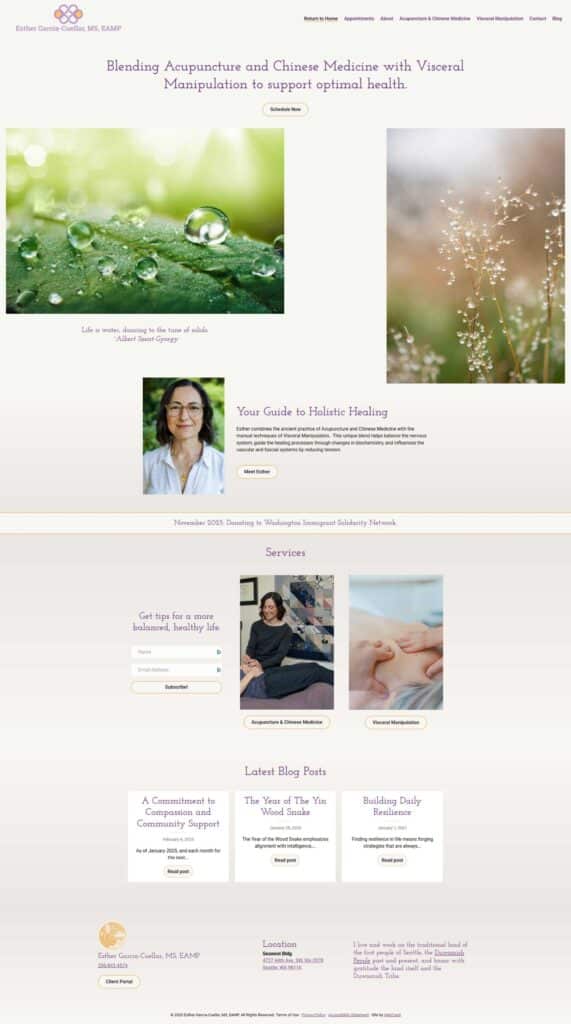 Screenshot of a holistic health website showing acupuncture and Chinese medicine services, with images of nature, a smiling practitioner, service descriptions, and blog post links.