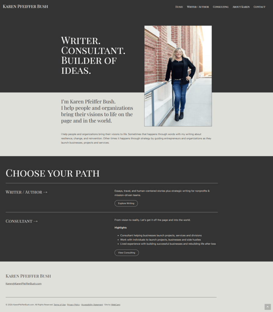 A professional website homepage for Karen Pfeiffer Bush featuring her photo, a brief introduction, sections for writer/author and consultant services, and highlights from her Web Design Portfolio.