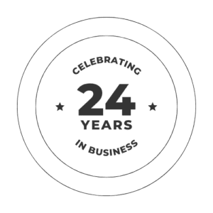 Circular badge design with the text "Celebrating 24 Years in Business" in bold, surrounded by two thin outer rings—perfect for highlighting trusted Seattle web design expertise.