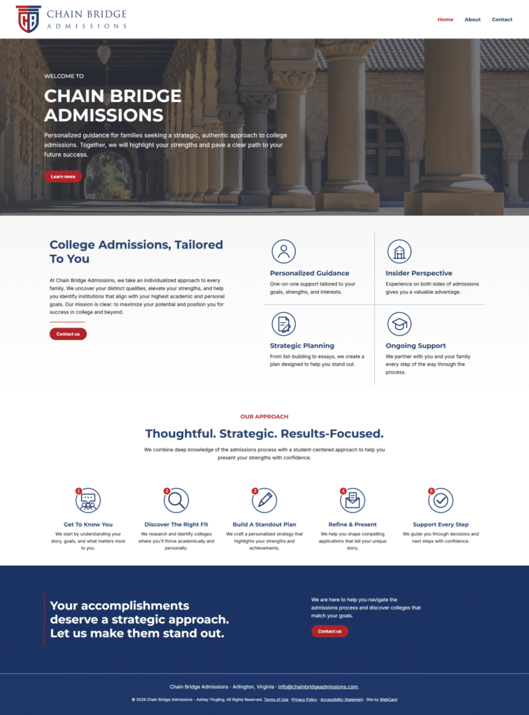 Screenshot of Chain Bridge Admissions homepage, part of our Web Design Portfolio, featuring services like personalized guidance, strategic planning, and ongoing support for college admissions; includes navigation and contact info.
