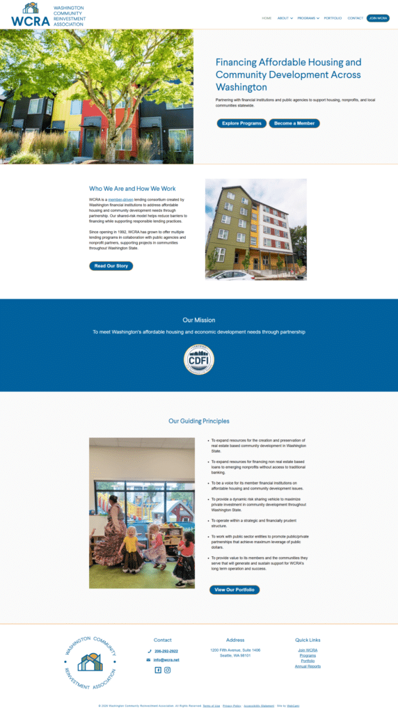 Screenshot of the Washington Community Reinvestment Association website homepage, featured in a Web Design Portfolio, showcasing images of housing, their mission, guiding principles, and navigation menus.