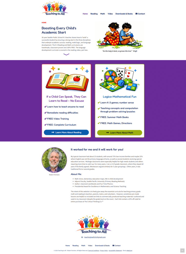 Screenshot of a website homepage for “Teaching to All,” featured as part of a Web Design Portfolio, showcasing education resources, descriptions of learning tools, founder information, and navigation links on a white background with colorful graphics.