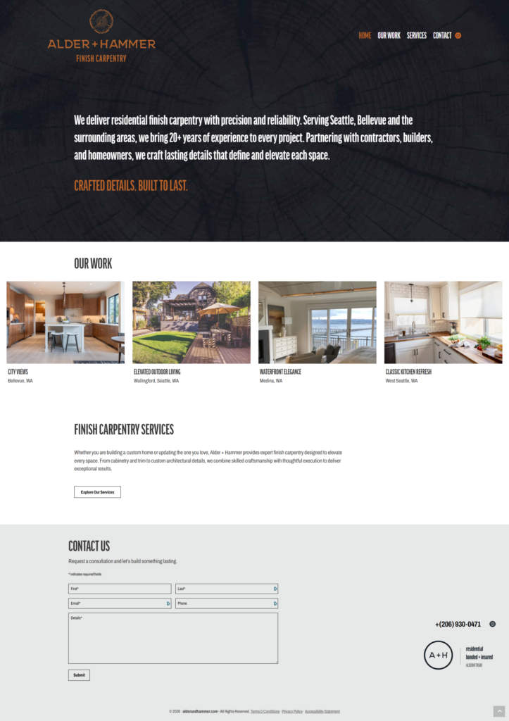 A website for Alder & Hammer Finish Carpentry, featuring service descriptions, a contact form, a web design portfolio showcasing completed projects, and navigation links at the top.