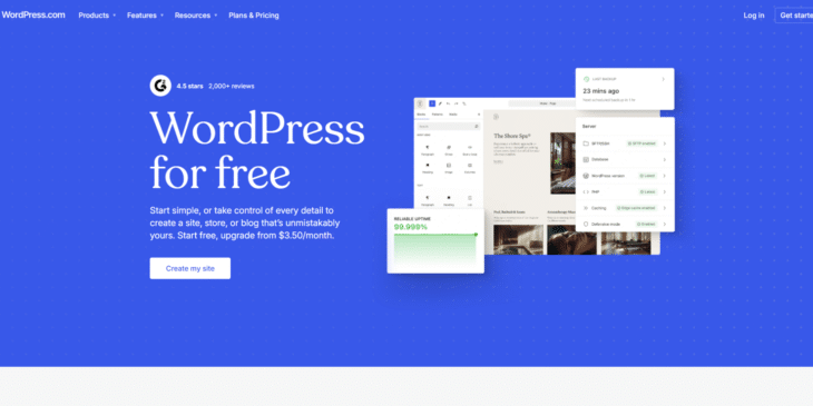 WordPress homepage promoting free website creation, featuring navigation links, a large “WordPress for free” headline, and screenshots of the site editor on a blue background. Easily login into WordPress to start building your website today.