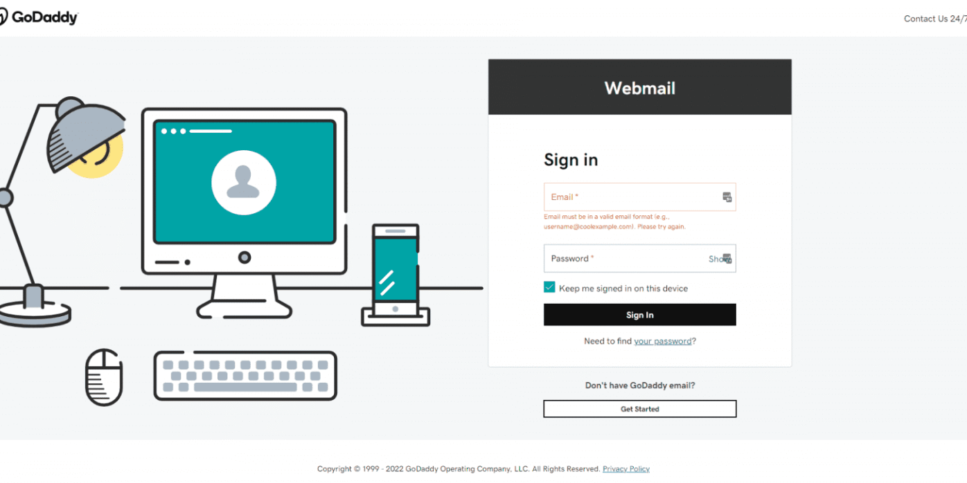 GoDaddy webmail login screen