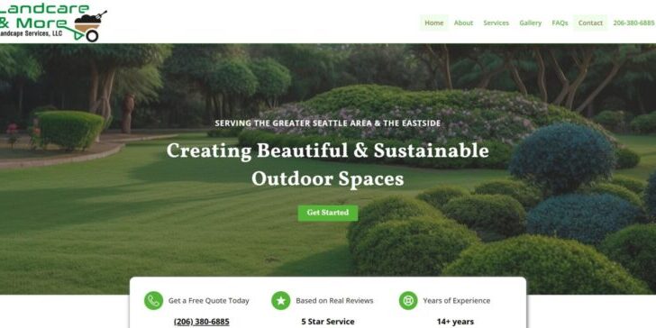 Website homepage for Landcare & More Landscape Services, showcasing their expertise in landscaping website design with a lawn and shrubs. Text reads, "Creating Beautiful & Sustainable Outdoor Spaces." Contact info and special offers are displayed below.