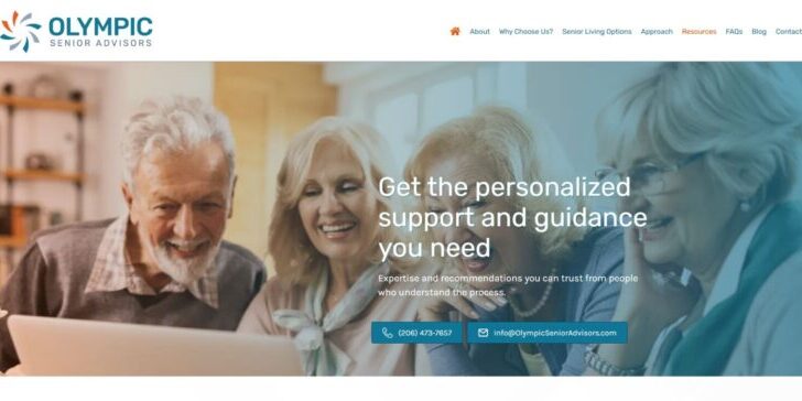 A group of elderly people smiles at a tablet, showcasing Olympic Senior Advisors' expert Senior Living Advisory Service. Personalized support and guidance come alive through intuitive web design. Contact info is included below.