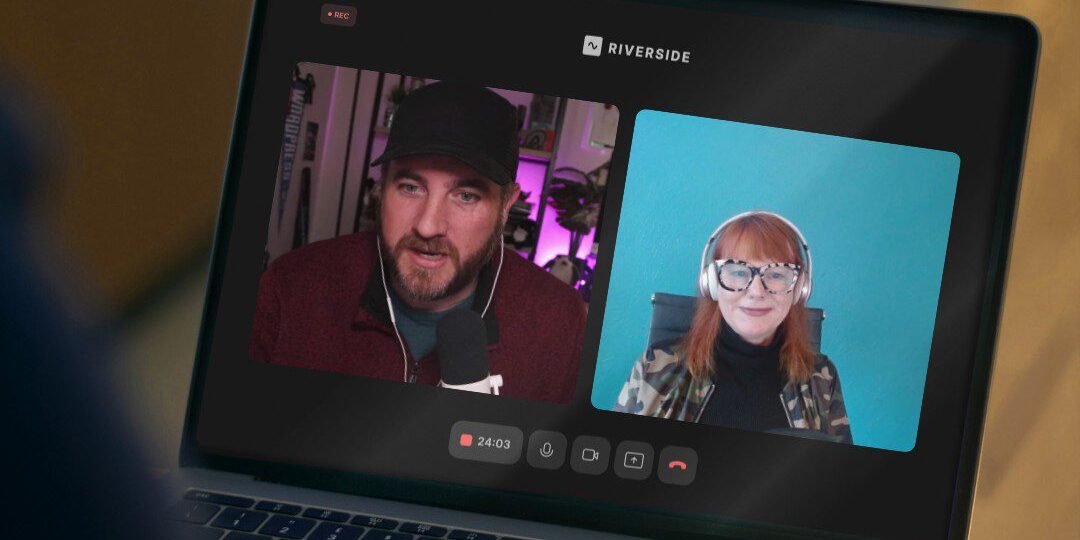 Two people are having a video call on a laptop screen. The man on the left, wearing a cap and holding a microphone, seems to be hosting a podcast. The woman on the right, with headphones against a blue background, engages eagerly in their team's discussion.