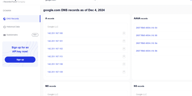 The SecurityTrails DNS records page for google.com as of December 4, 2024, showcases A, AAAA, MX, and NS records with IP addresses—essential insights for anyone considering DIY DNS changes to their website.