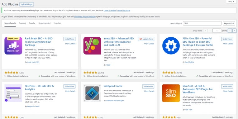 Screenshot of the WordPress plugin directory showing SEO plugin search results, including Rank Math, Yoast SEO, All in One SEO, SEOPress, LiteSpeed Cache, and Slim SEO—essential tools for mastering SEO fundamentals.