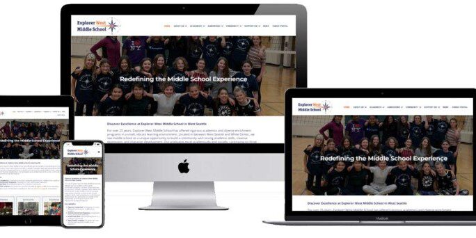 The website of Explorer West Middle School, a premiere private school, is showcased on various devices such as a desktop monitor, laptop, tablet, and smartphone. Each device features a homepage banner titled "Redefining the Middle School Experience," highlighting its exceptional web design.