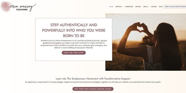 A woman silhouetted against a sunset forms a heart shape with her hands. Text beside her promotes entrepreneurial coaching through the lens of Human Design, focusing on authenticity and personal growth. Discover transformative insights on our website dedicated to empowering your journey.