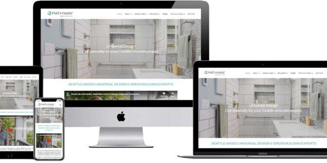 A Design and Construction website services platform showcasing universal design and green building experts based in Seattle is displayed seamlessly across desktop, laptop, tablet, and smartphone.