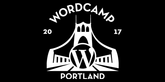 A WordCamp Portland logo in black and white.